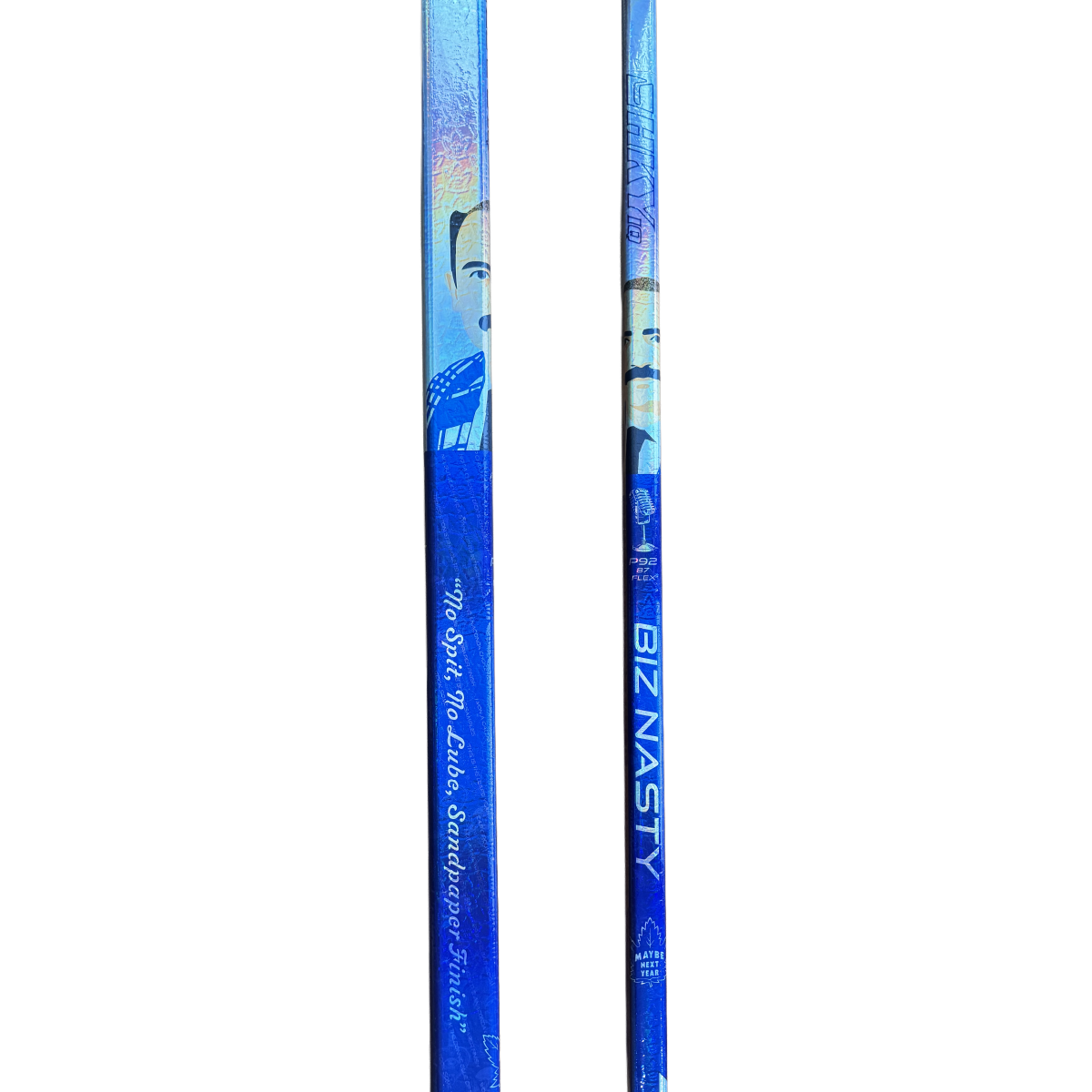 HKY IQ Biz Nasty signature hockey stick in blue with Paul Bissonnette artwork and branding