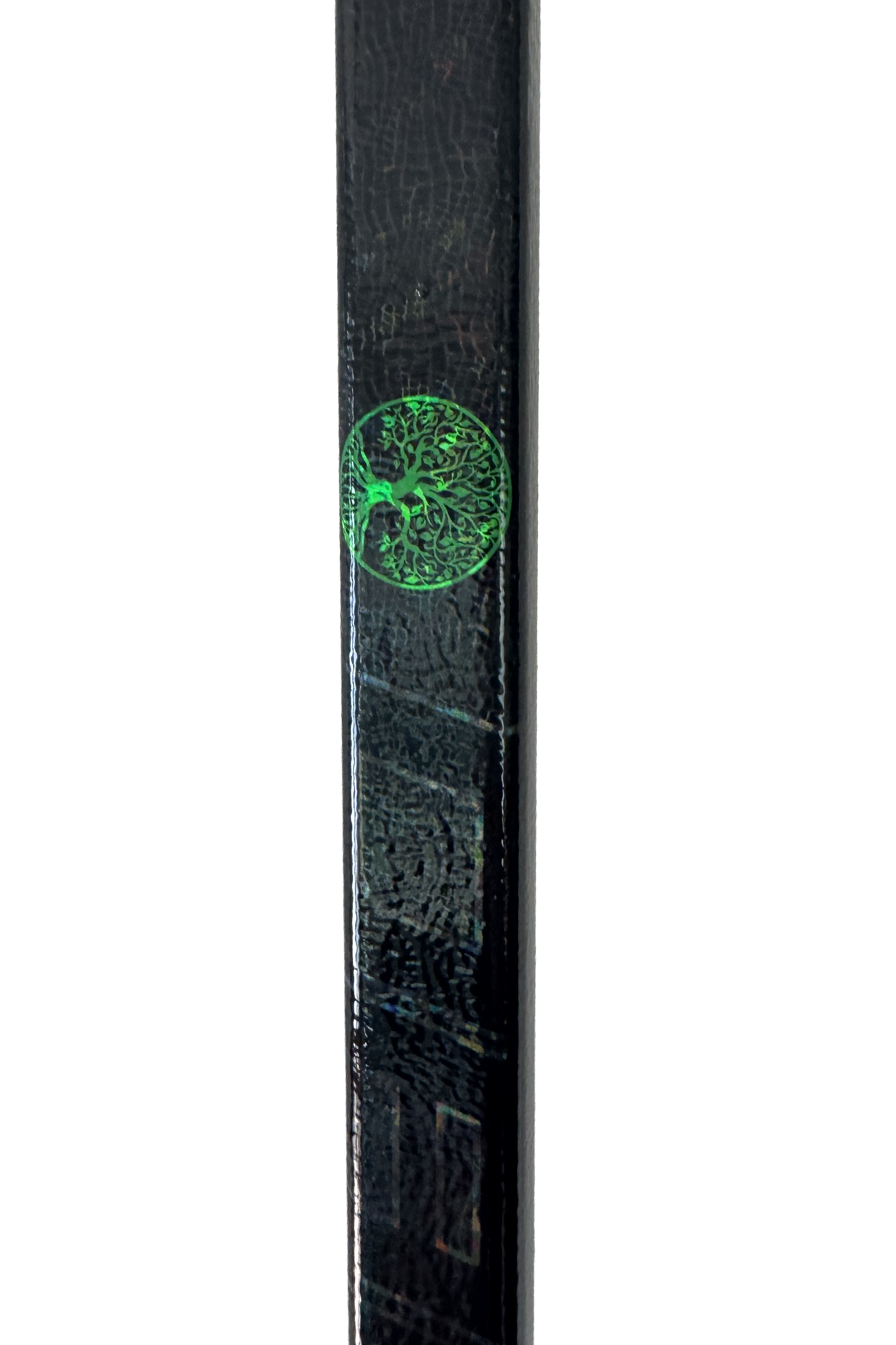 HKY IQ Dark Warrior hockey stick with glowing green tree of life emblem on dark shaft