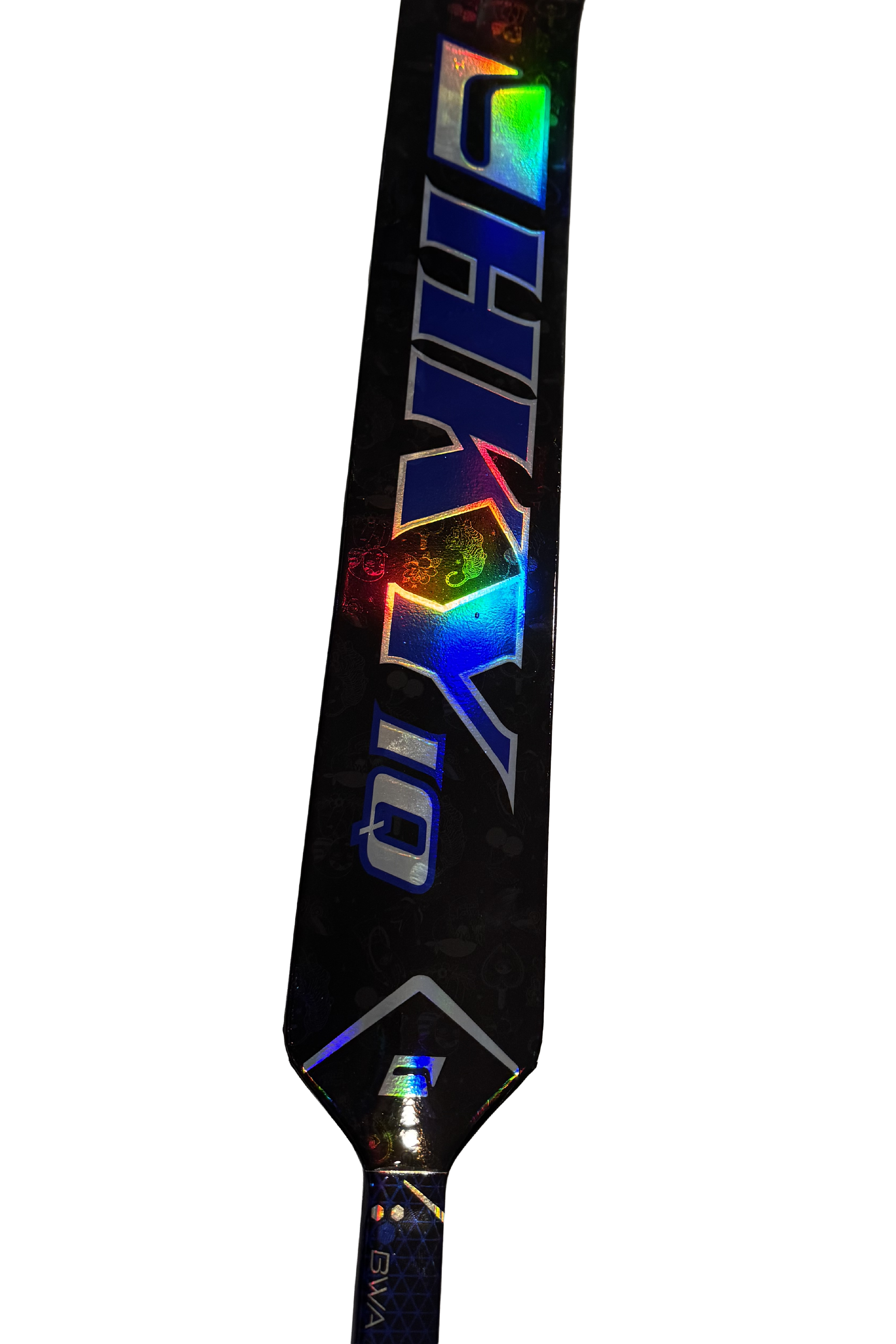 HKY IQ Blue goalie hockey stick with holographic branding and colorful reflective graphics