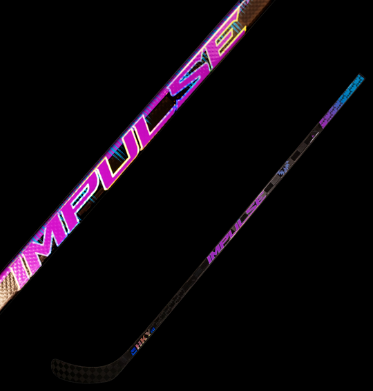 HKY IQ Impulse hockey stick with pink and purple design on dark background