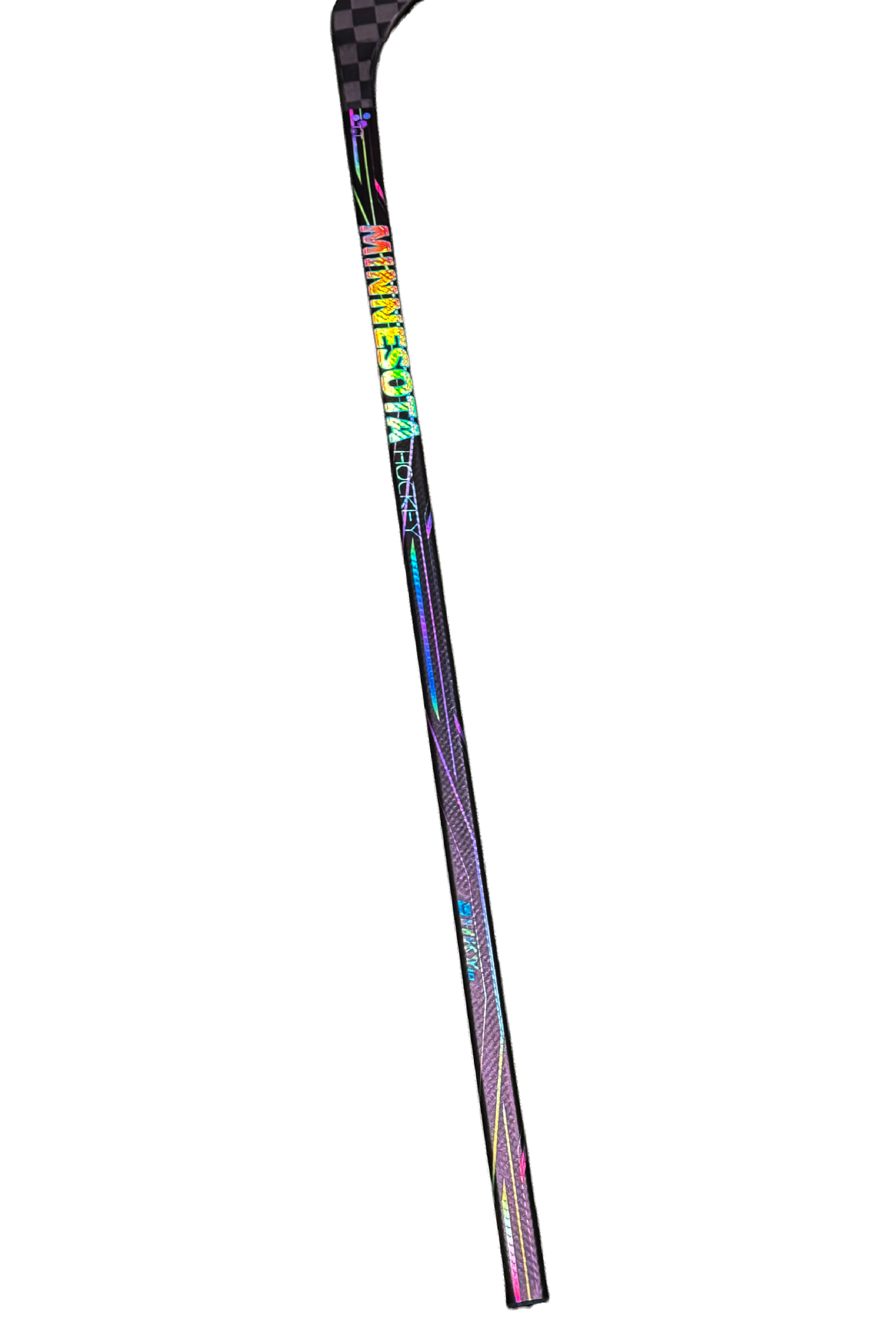 HKY IQ Minnesota custom hockey stick with holographic rainbow lettering and iridescent design