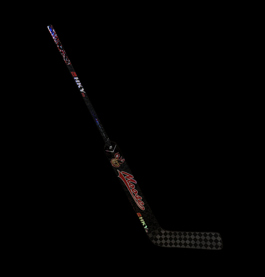 HKY IQ Moose goalie hockey stick with red script branding and moose logo on dark background