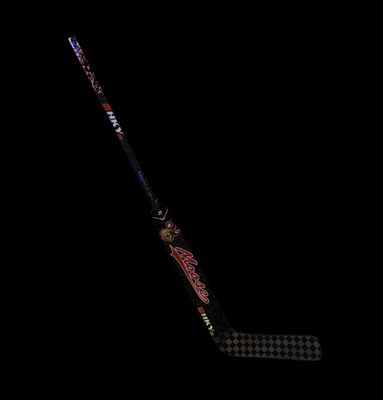 HKY IQ Moose goalie hockey stick with red script branding and moose logo on dark background