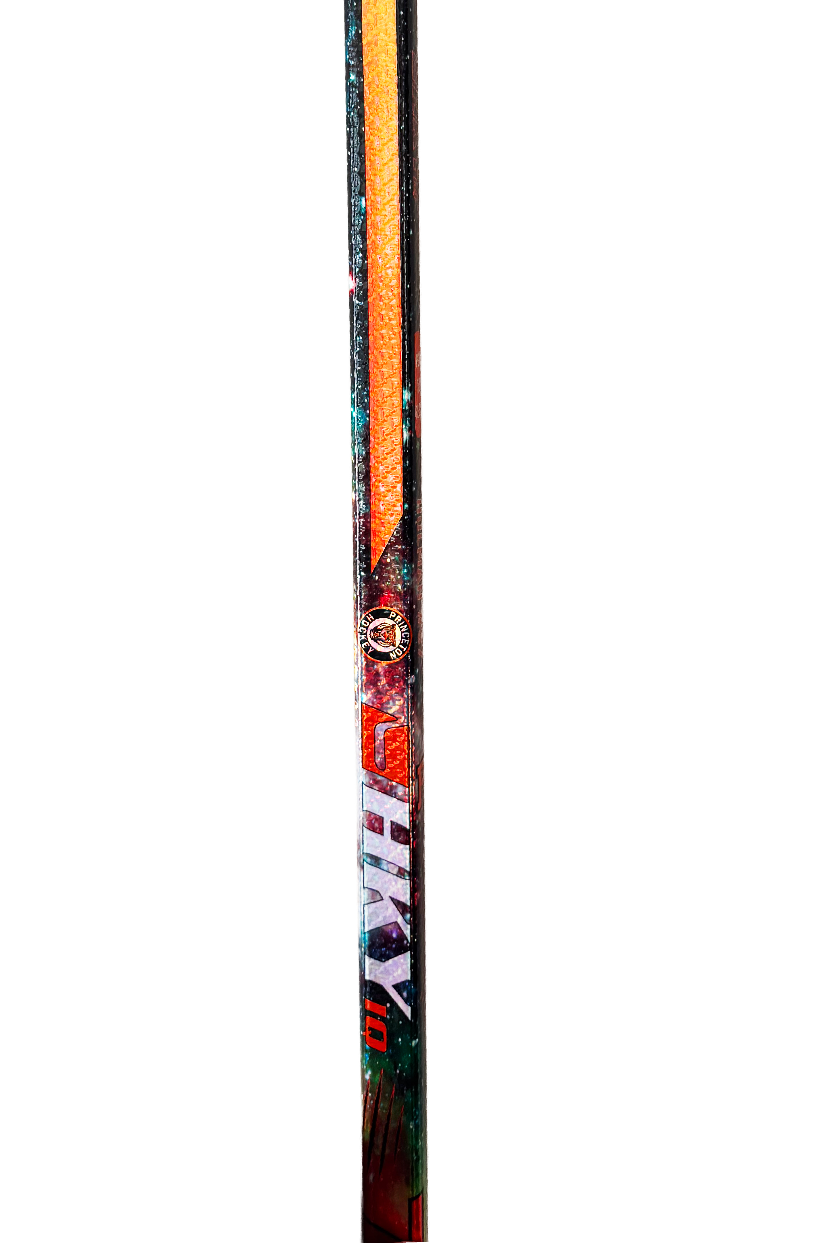 HKY IQ Princeton Galaxy custom hockey stick with orange cosmic design and tiger logo