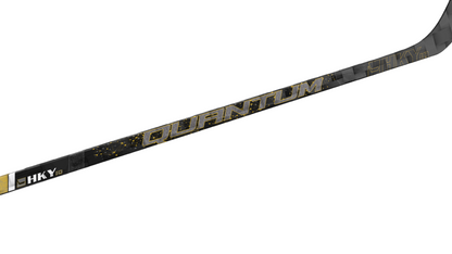 Close-up of HKY IQ Quantum hockey stick shaft with 24K carbon fiber weave and gold detail branding