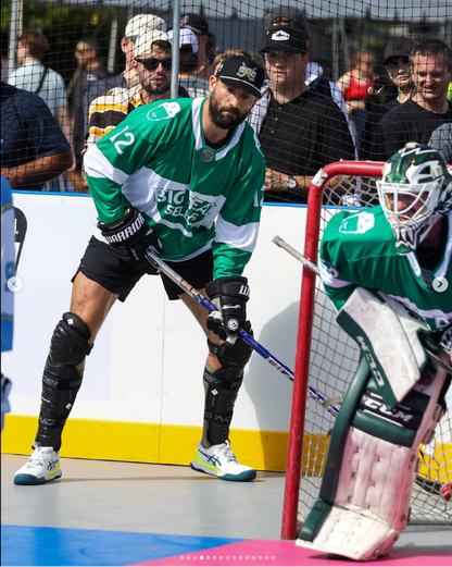 Paul "Biz Nasty" Bisonette using a custom hockey stick from HKY IQ while playing in the Chiclets Cup