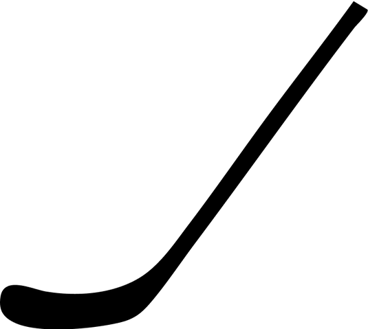 Simple black silhouette of a hockey stick on a plain white background, perfect for showcasing customizable hockey stick graphics or representing in-stock hockey sticks.
