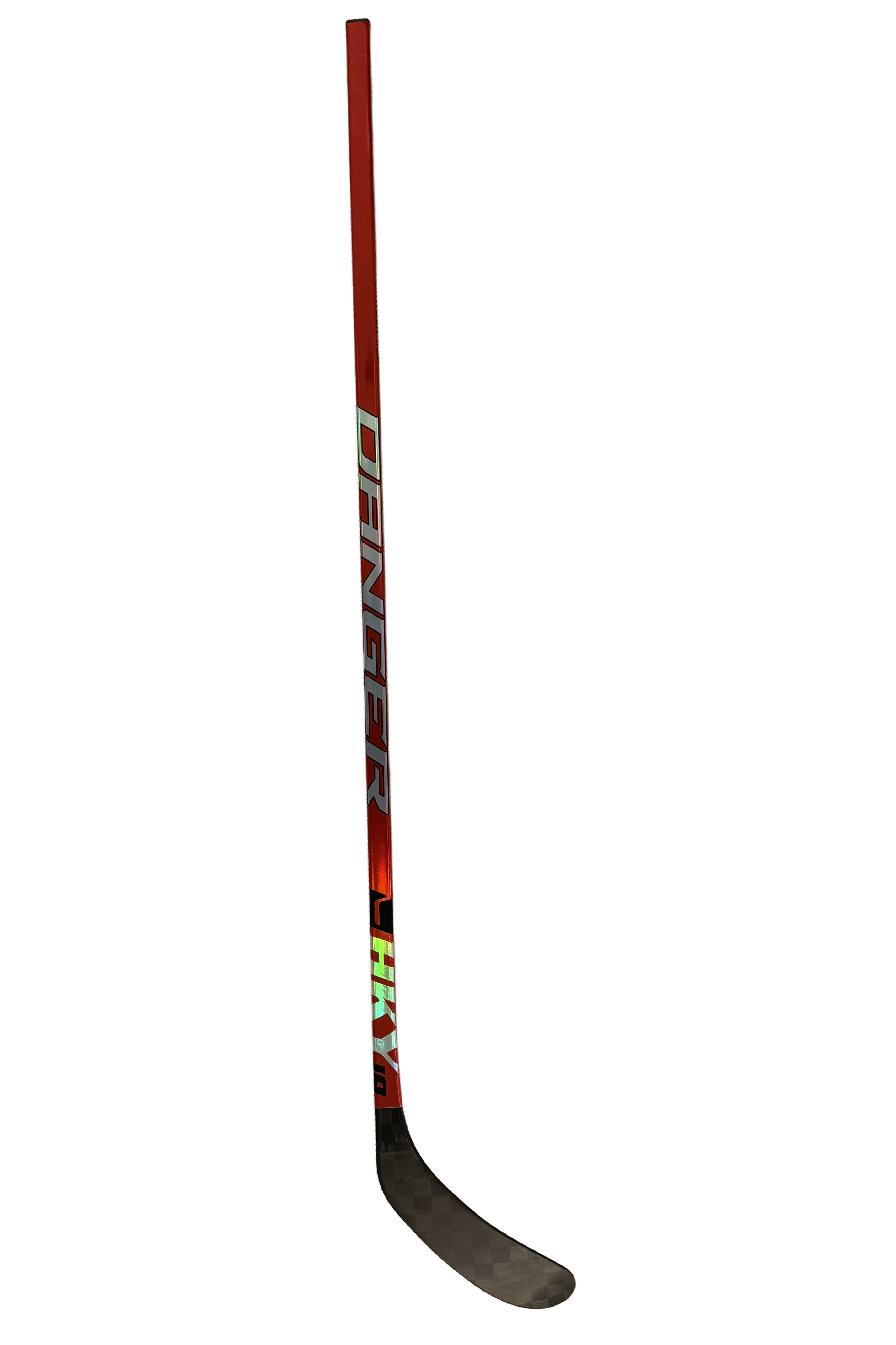 HKY IQ Danger hockey stick with red stripe and bold red lettering on black shaft