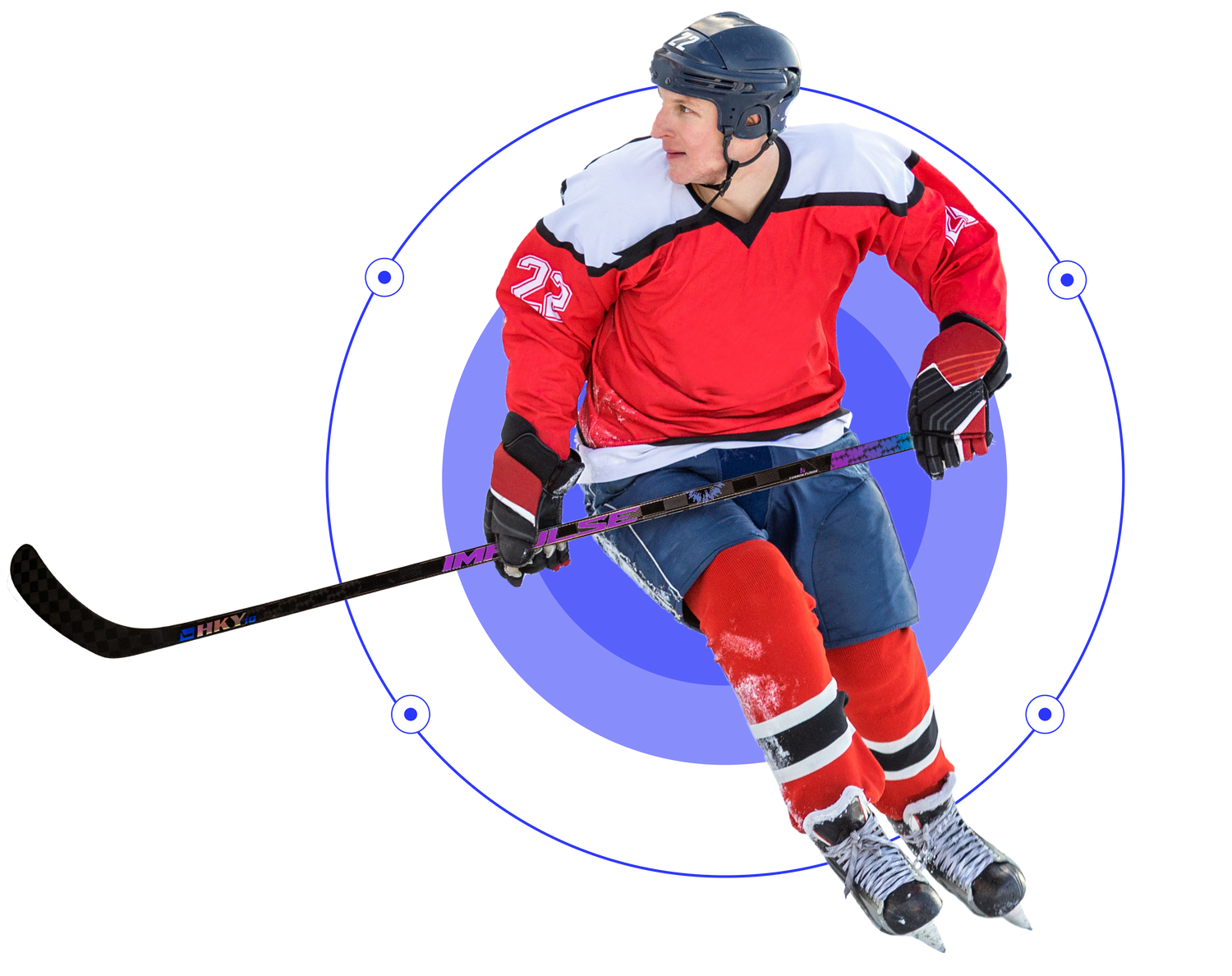 Hockey player in red jersey, number 22, skates with a stick on a black background with concentric blue circles. Dynamic action and concentration.