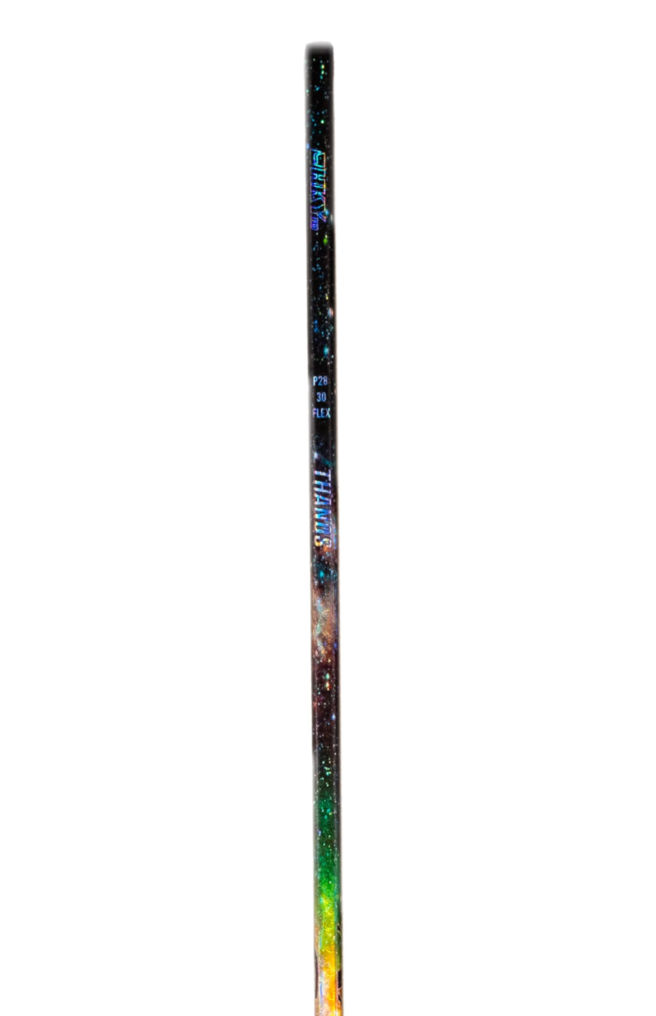 A hockey stick positioned against a solid white background, highlighting its shape and design.