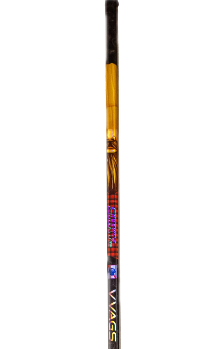 A single, straight black riding crop with a curved tip and a yellow handle, photographed against a plain white background—similar in style to custom hockey sticks or customizable hockey stick graphics.