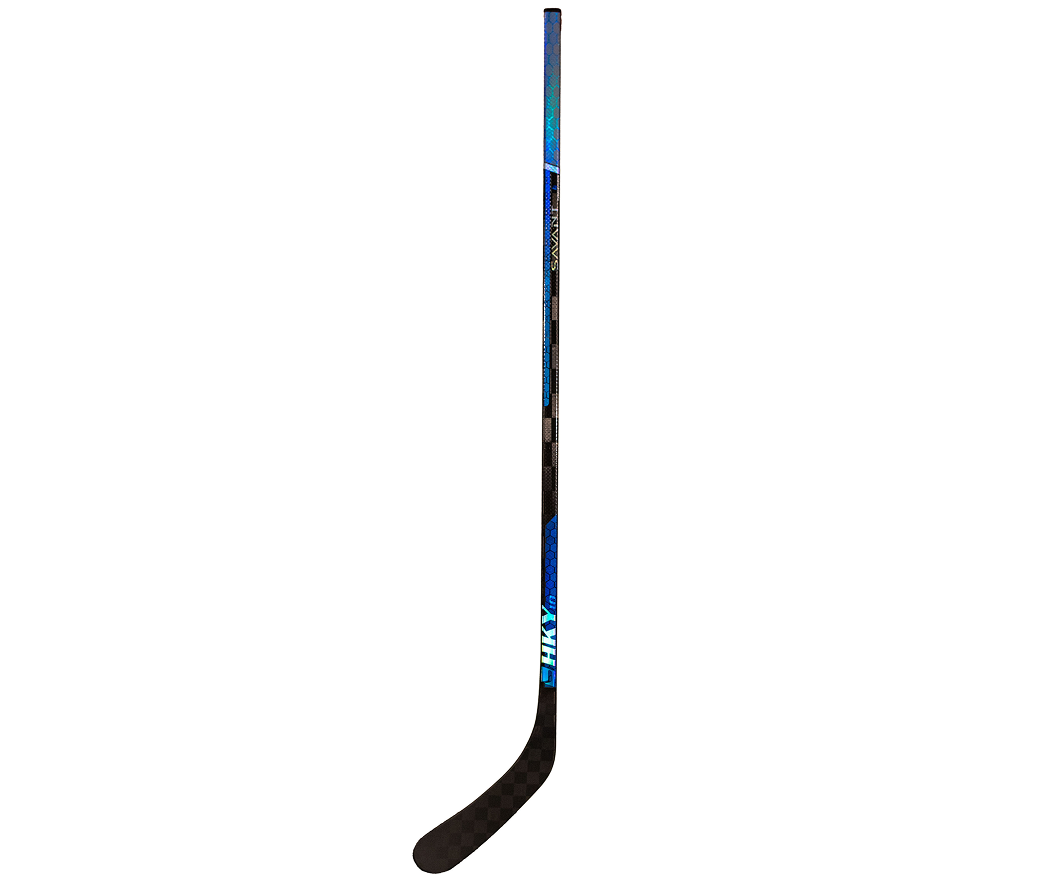 HKY IQ Savant hockey stick full-length product view with blue branding and carbon fiber shaft