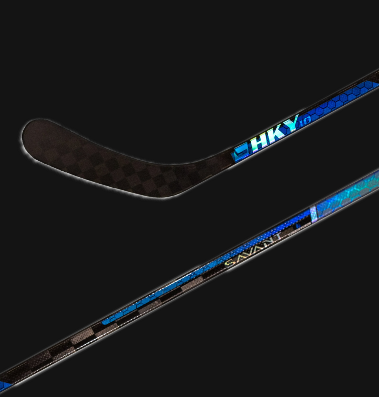 HKY IQ Savant hockey stick with checkered carbon fiber pattern and blue branding on dark background